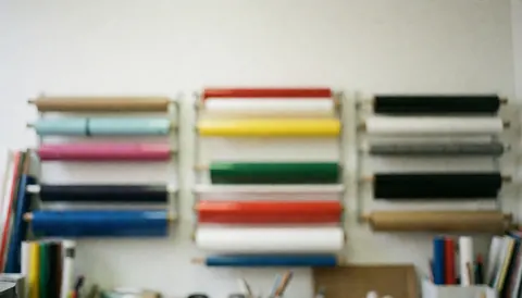 Blurred background of a textile printing workshop with shelves of vibrant vinyl rolls, ideal for overlaying advertising text.