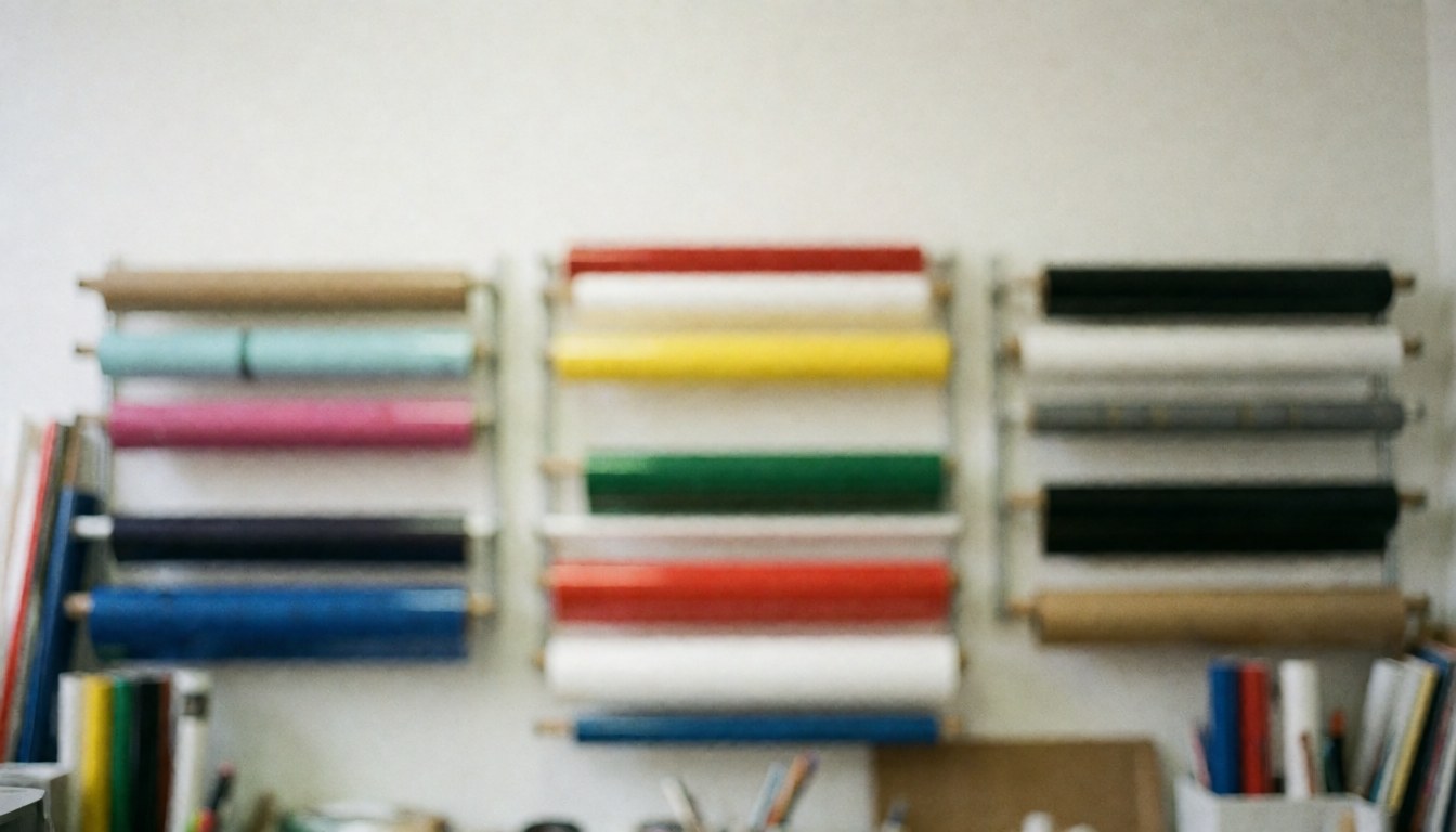 Blurred background of a textile printing workshop with shelves of vibrant vinyl rolls, ideal for overlaying advertising text.