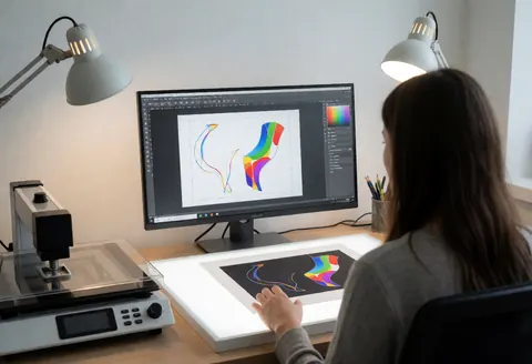 A designer works at a desk with a computer displaying vector graphics and a printed textile sample under a task lamp.