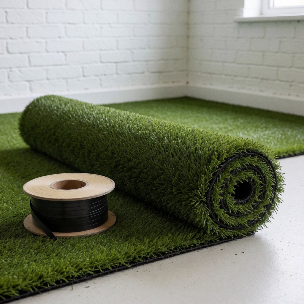Green synthetic turf roll next to a black tape spool on a workshop floor with a white brick wall