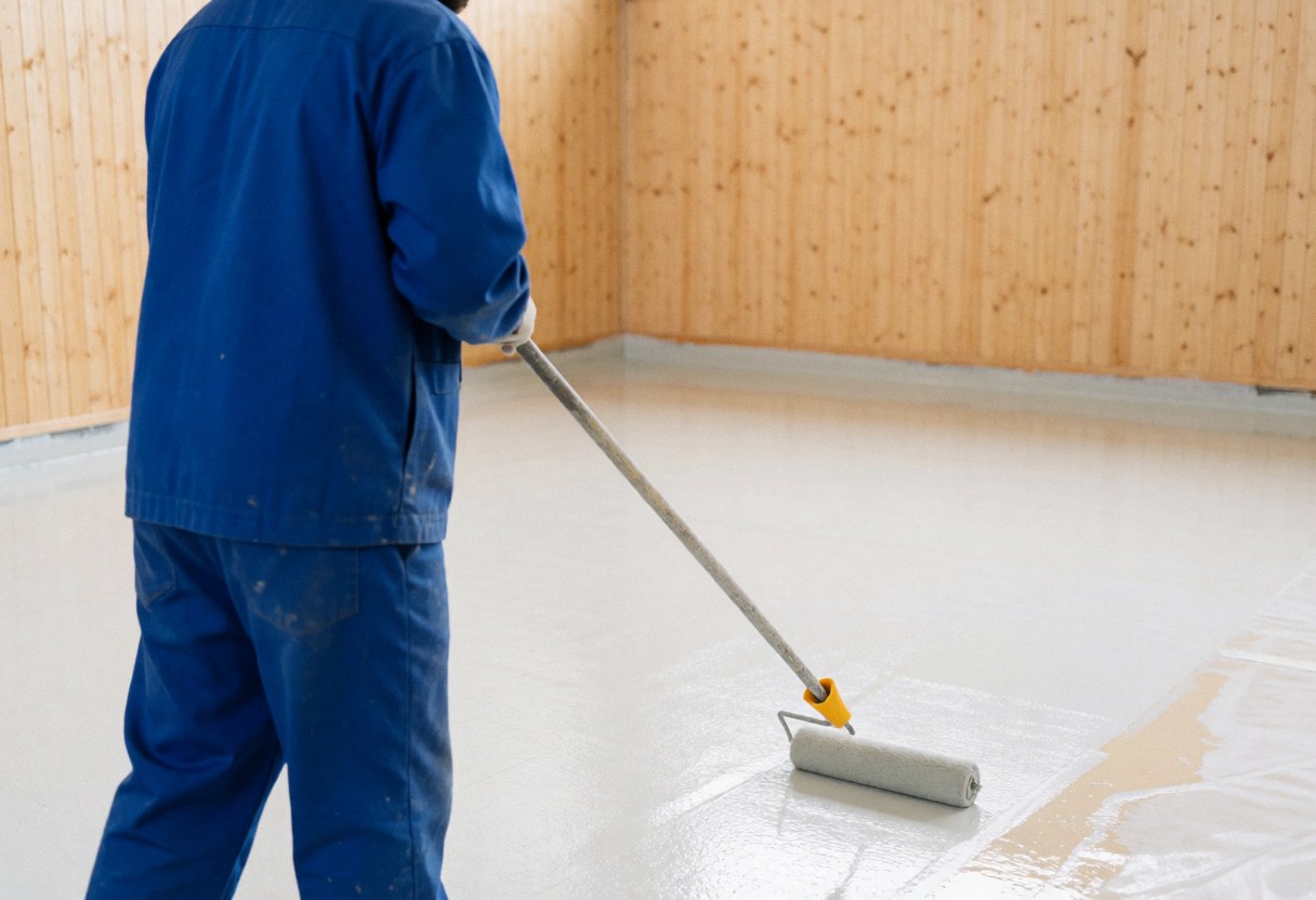 Worker in blue uniform using a roller to apply resin coating to a tennis court floor with light wood walls and a glossy finish