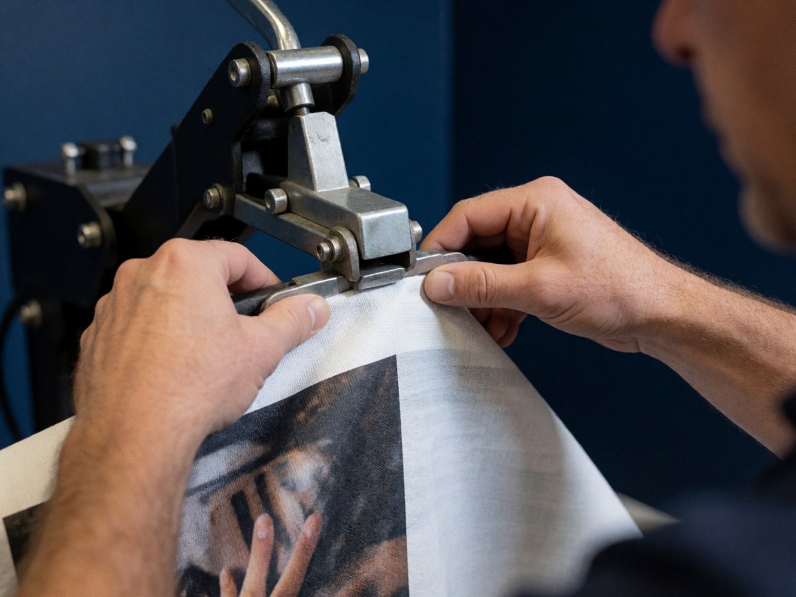 Close-up of hands adjusting a thermal press machine on printed textile fabric with a dark blue background