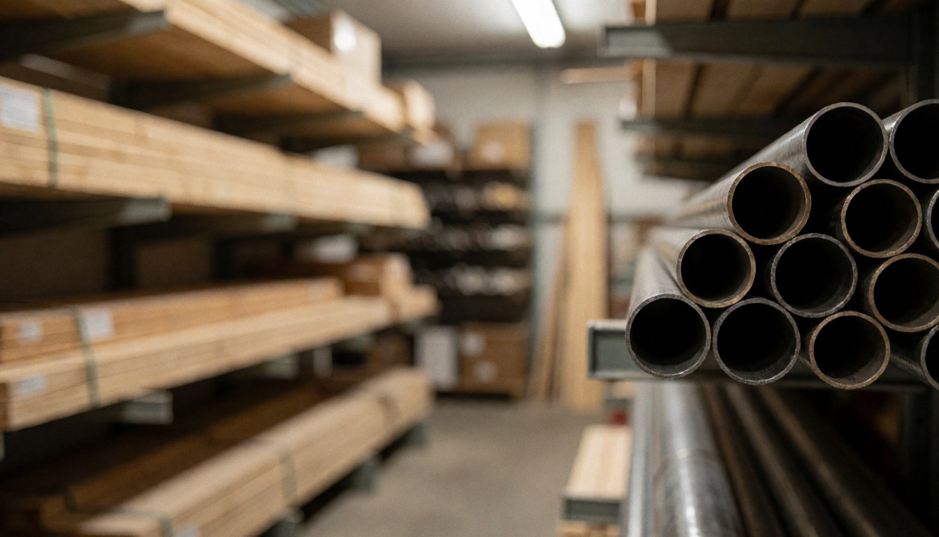 Blurred background of an industrial warehouse with metal pipes and wooden planks on shelves, suitable for business text overlays