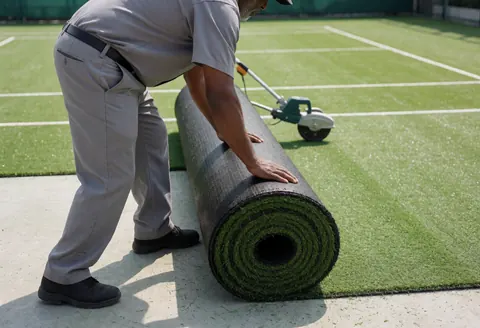 Professional installer unrolls green synthetic turf over a concrete base on a tennis court with a mower nearby under bright sunlight.