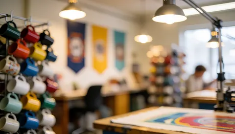 Blurred background of a textile printing workshop with colorful mugs on a rack, banners, and warm lights, ideal for text overlay.