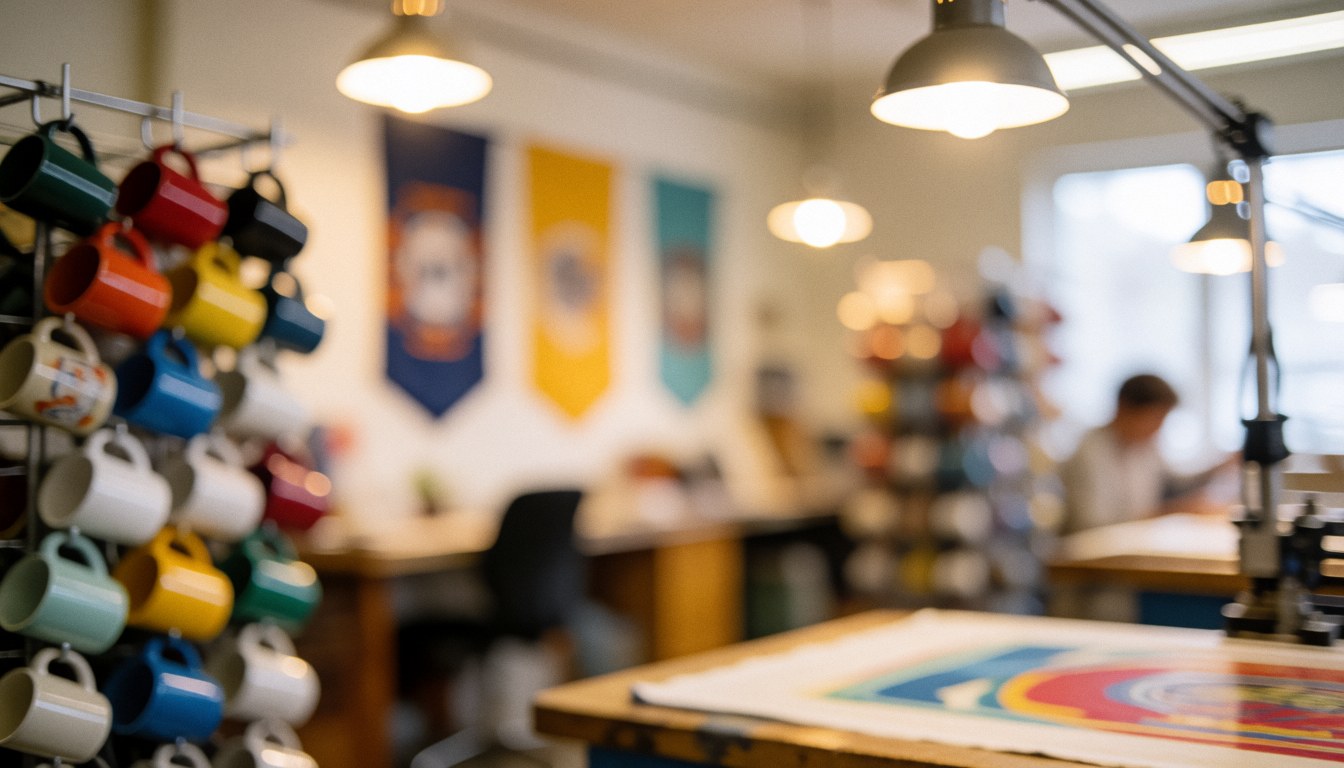 Blurred background of a textile printing workshop with colorful mugs on a rack, banners, and warm lights, ideal for text overlay.
