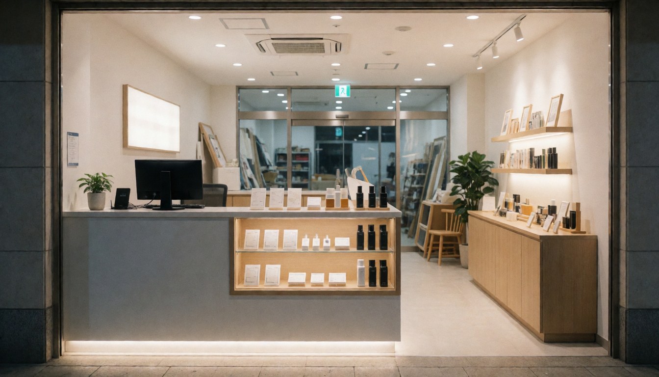Modern retail reception area featuring a clean counter, computer, plants, and illuminated shelves with sample products, creating a professional and cozy atmosphere.