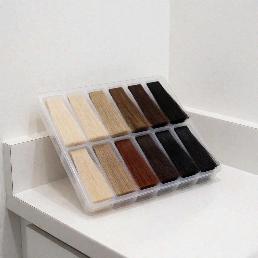 Tray of synthetic hair extension samples in various shades from platinum to black on a white salon counter