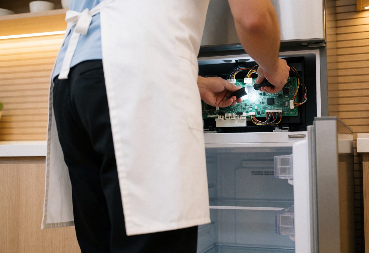 A repair technician wearing a white apron uses a flashlight to examine the circuit board inside a refrigerator in a modern kitchen with light wood walls.
