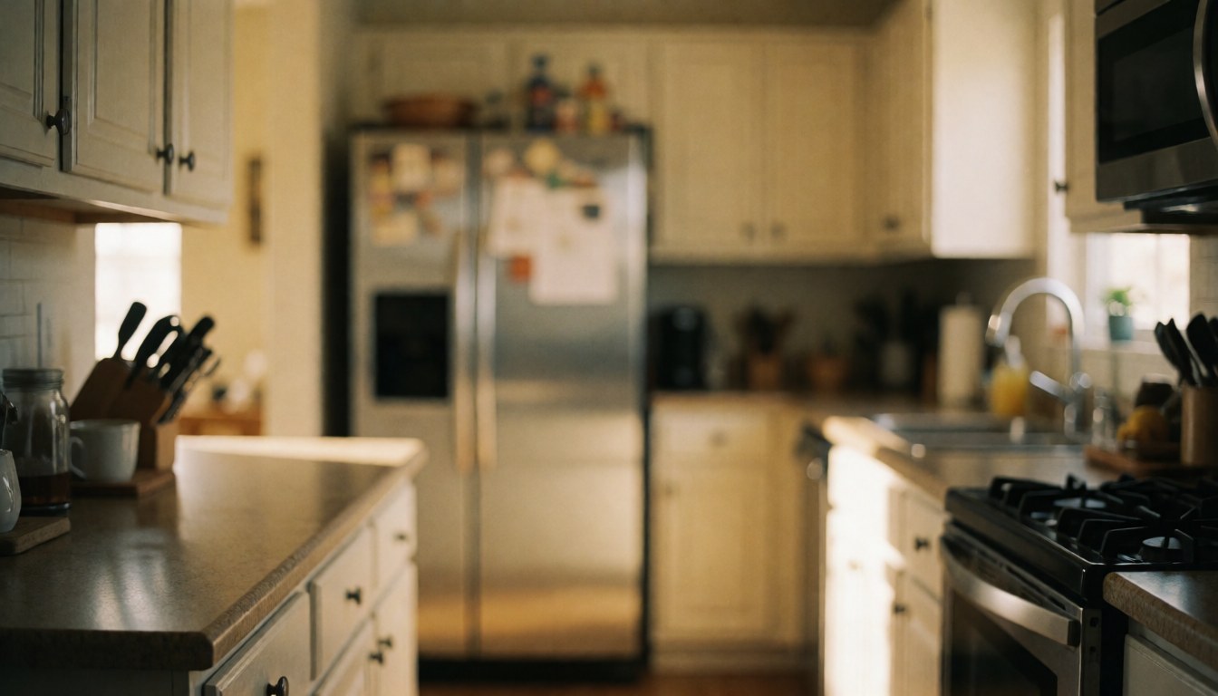 Warmly lit kitchen featuring wooden surfaces and a countertop with a blurred stainless steel refrigerator in the background, suitable for text overlay.