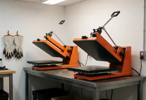 Two orange thermal printing machines on a metal table in a clean workshop with hanging gloves, suitable for textile printing business.