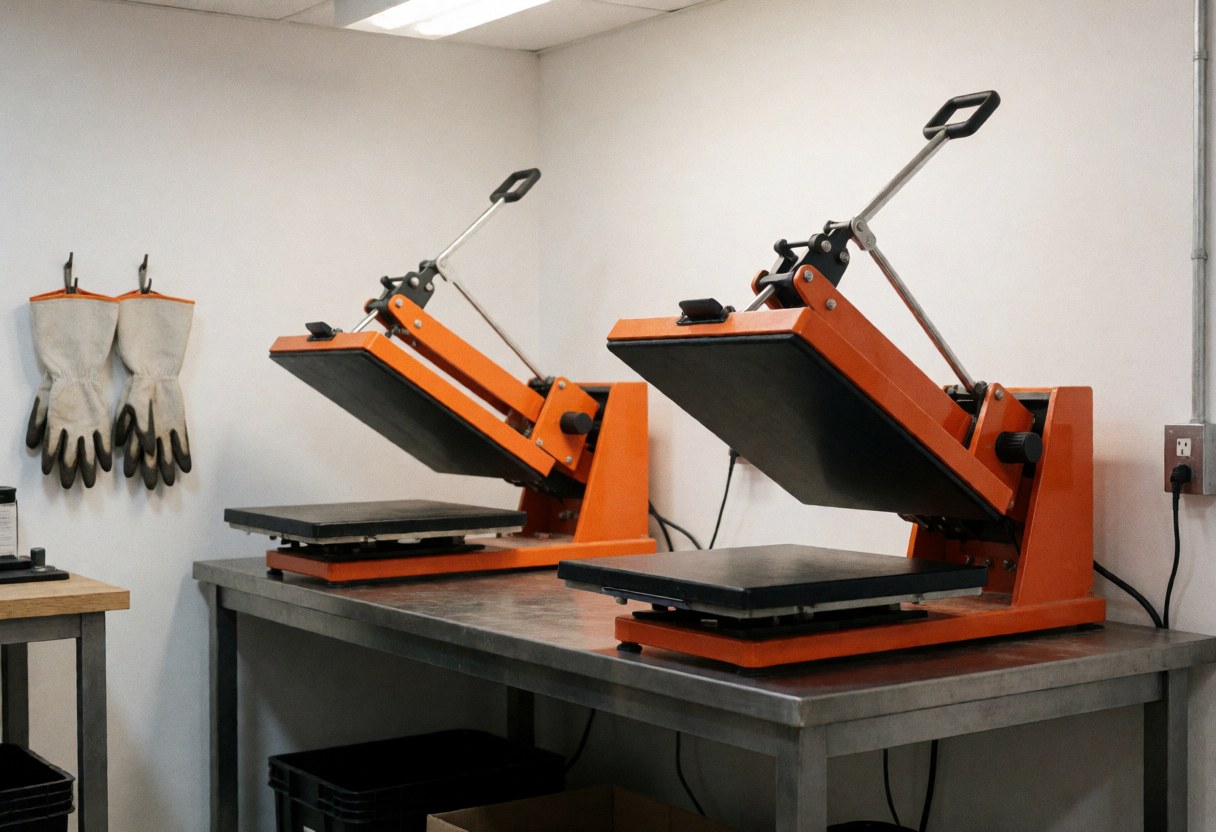 Two orange thermal printing machines on a metal table in a clean workshop with hanging gloves, suitable for textile printing business.
