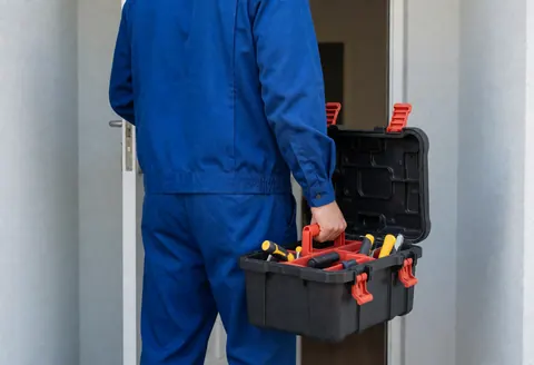 Technician in blue uniform carrying open tool case toward home door during daytime repair service