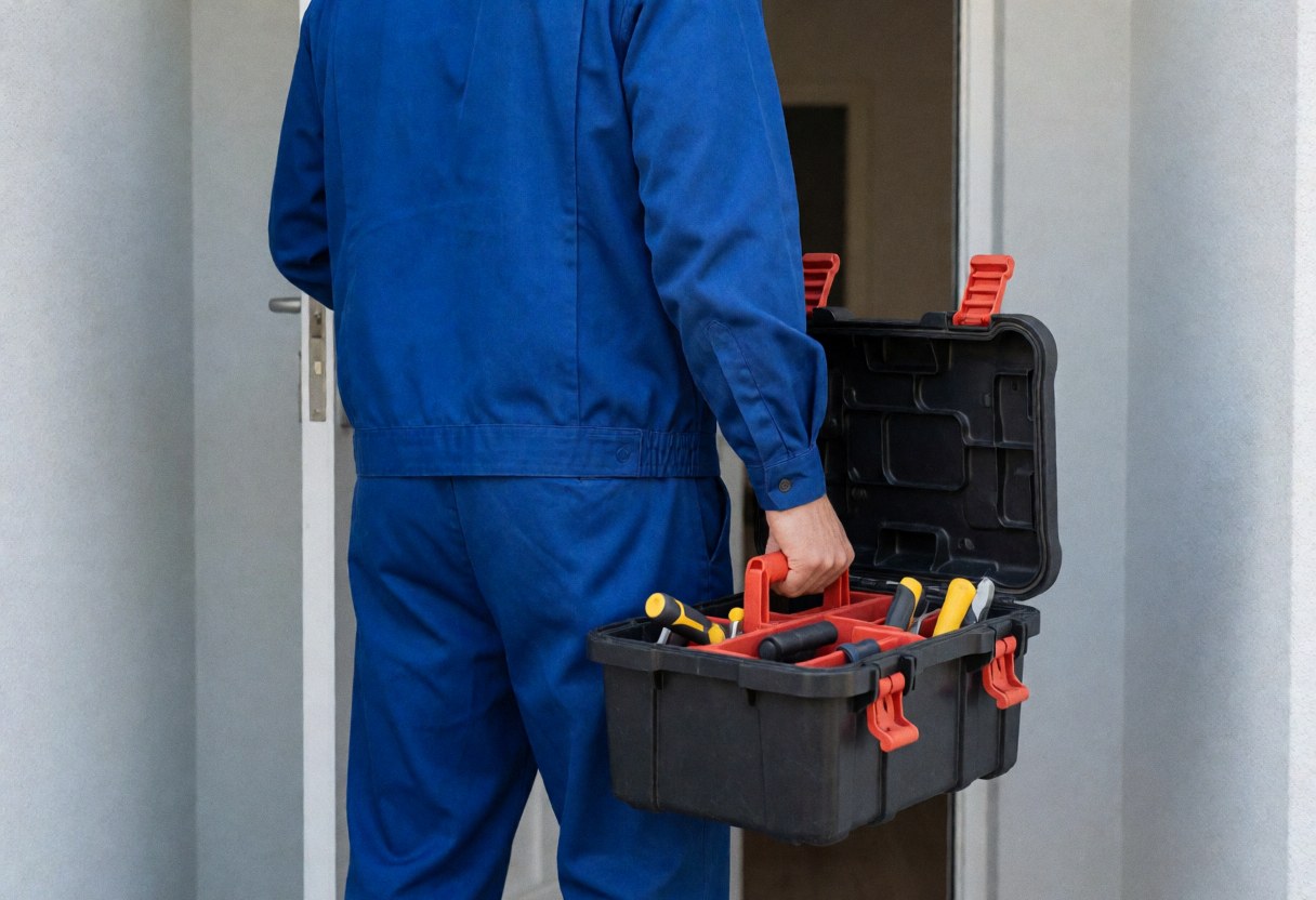 Technician in blue uniform carrying open tool case toward home door during daytime repair service