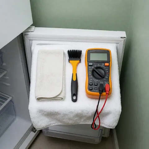 Professional repair kit including a multimeter, brush, and towel placed on a white cloth near an open refrigerator door.