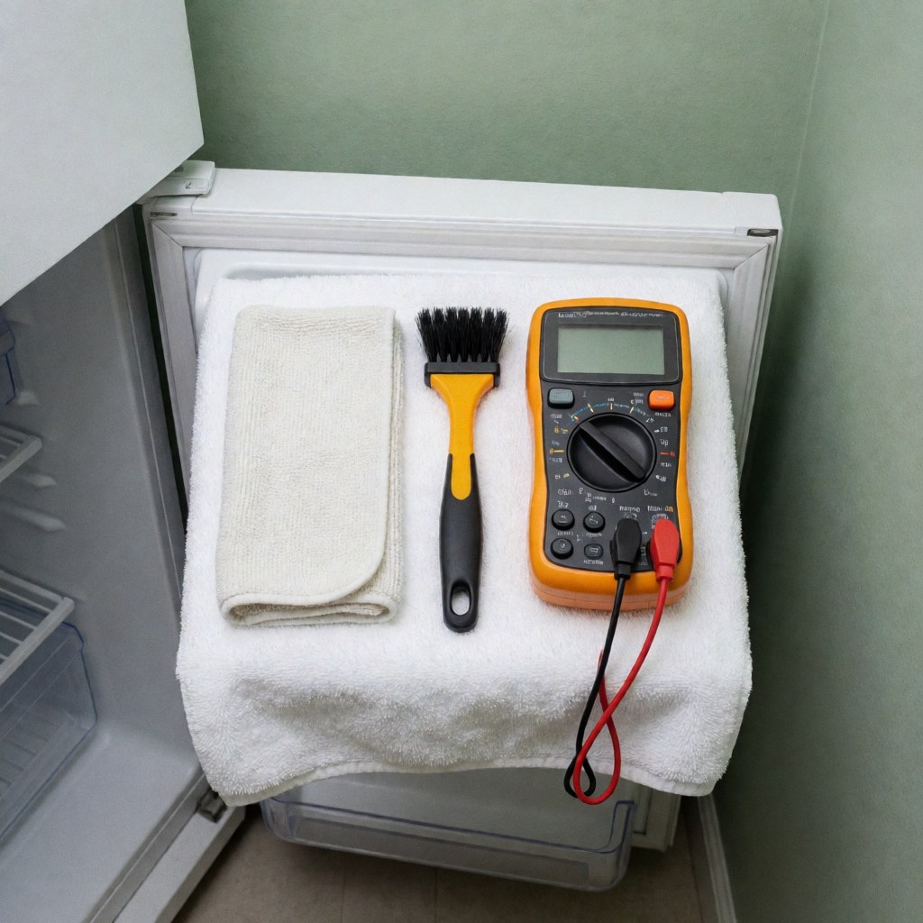 Professional repair kit including a multimeter, brush, and towel placed on a white cloth near an open refrigerator door.