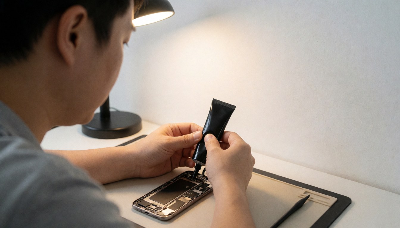 Technician applying black adhesive to a disassembled mobile phone on a clean desk under a desk lamp with a white background