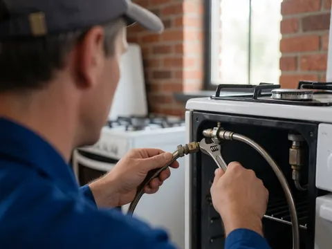 Technician in blue uniform adjusting a gas hose on a white stove with a wrench in a kitchen with red brick wall and natural light.