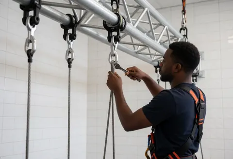 A technician uses a wrench to adjust a shackle on a metal truss structure, with rigging cables and white tiled walls visible in the background.