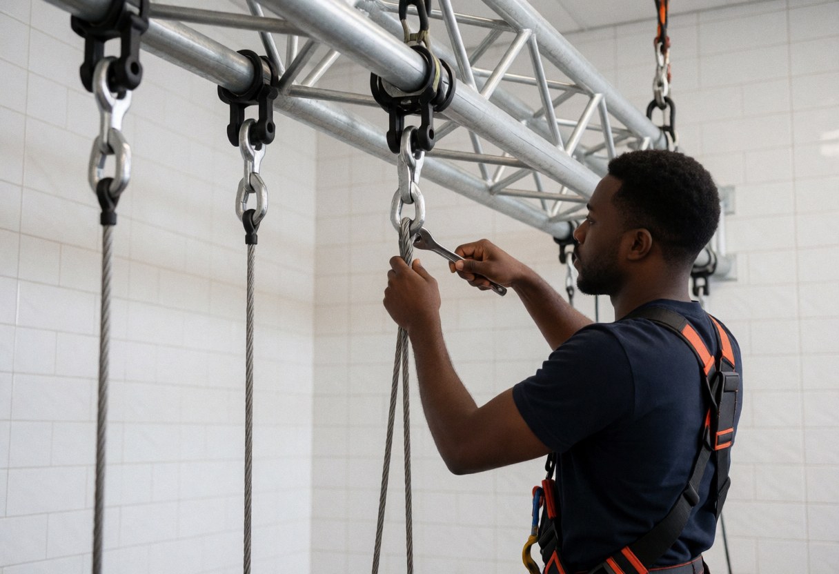 A technician uses a wrench to adjust a shackle on a metal truss structure, with rigging cables and white tiled walls visible in the background.