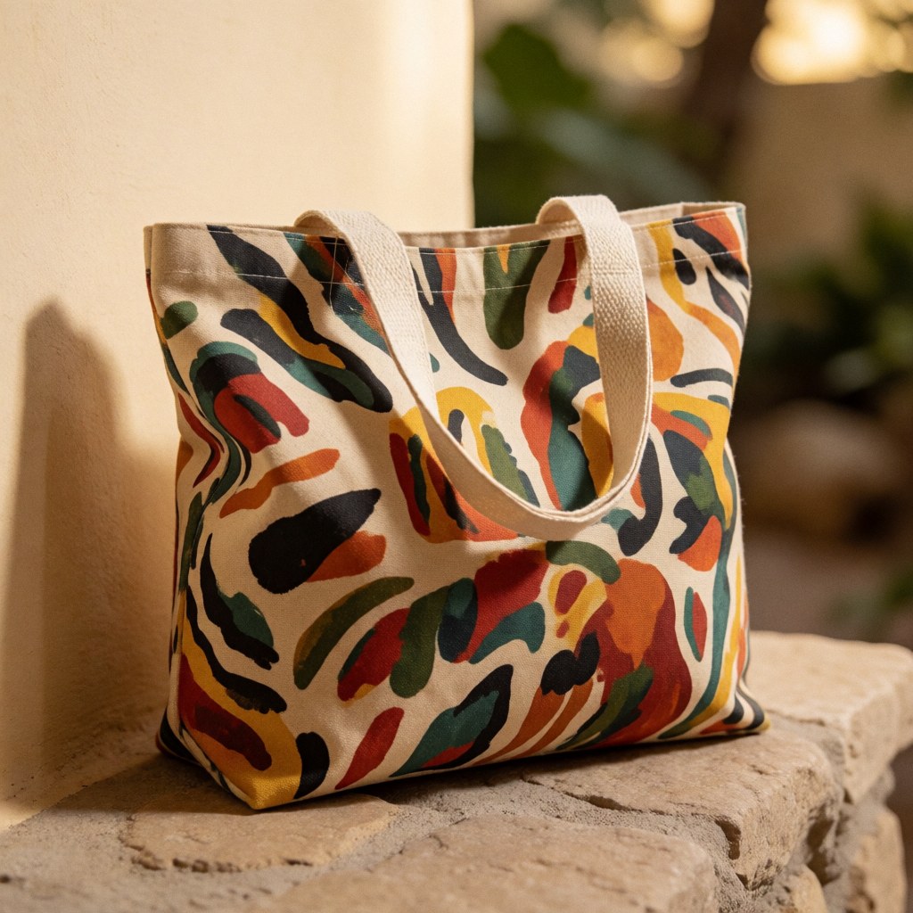 Beige fabric tote with abstract earth tone print resting on a stone against a wall in warm light