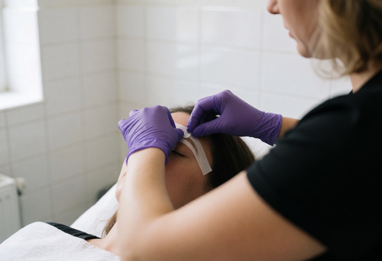 A professional wearing purple gloves applies a wax strip to a client's eyebrows in a bright room with white tiled walls and natural lighting.