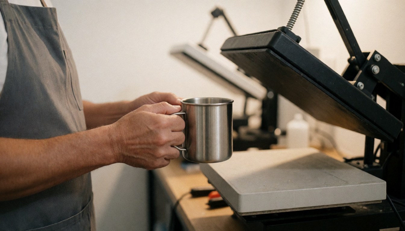 Person wearing an apron preparing a metal mug for thermal printing with a heat press in a workshop with warm lighting and blurred equipment