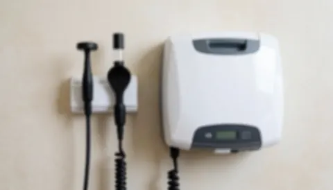 Blurred background of a wall with hanging sterilization equipment and medical tools, ideal for piercing or tattoo service text overlays.