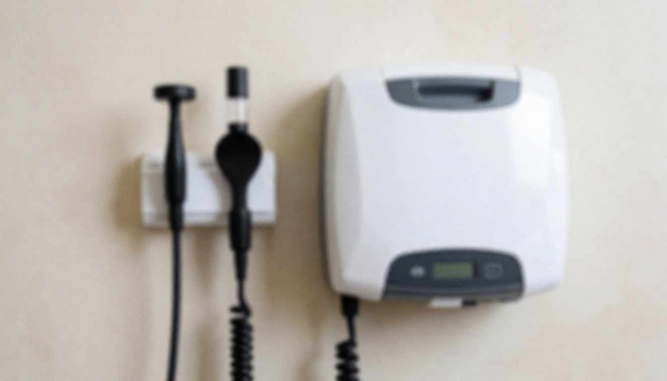 Blurred background of a wall with hanging sterilization equipment and medical tools, ideal for piercing or tattoo service text overlays.