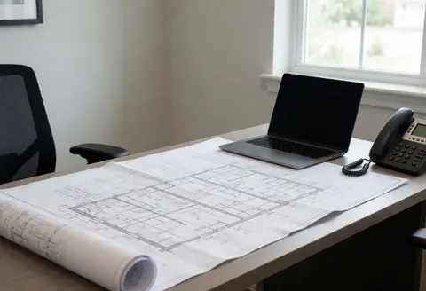 A tidy office desk featuring architectural blueprints, a laptop, and a phone, illuminated by natural window light, creating a professional atmosphere for maintenance services.