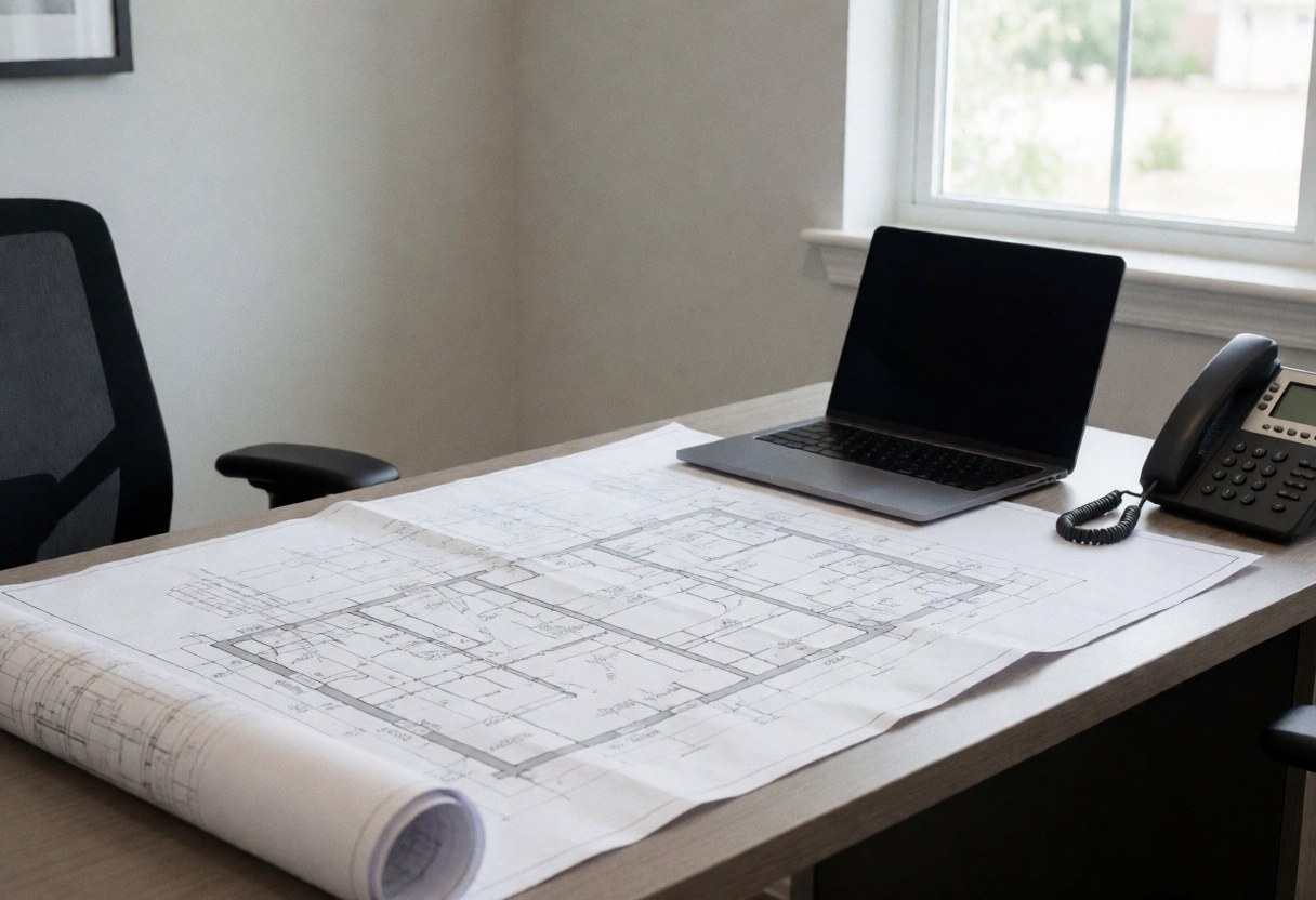 A tidy office desk featuring architectural blueprints, a laptop, and a phone, illuminated by natural window light, creating a professional atmosphere for maintenance services.