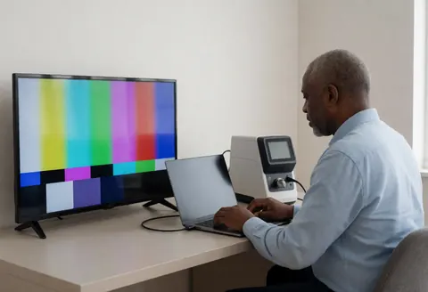 A professional technician uses a colorimeter connected to a laptop to calibrate the color settings of a television screen in a clean workspace.