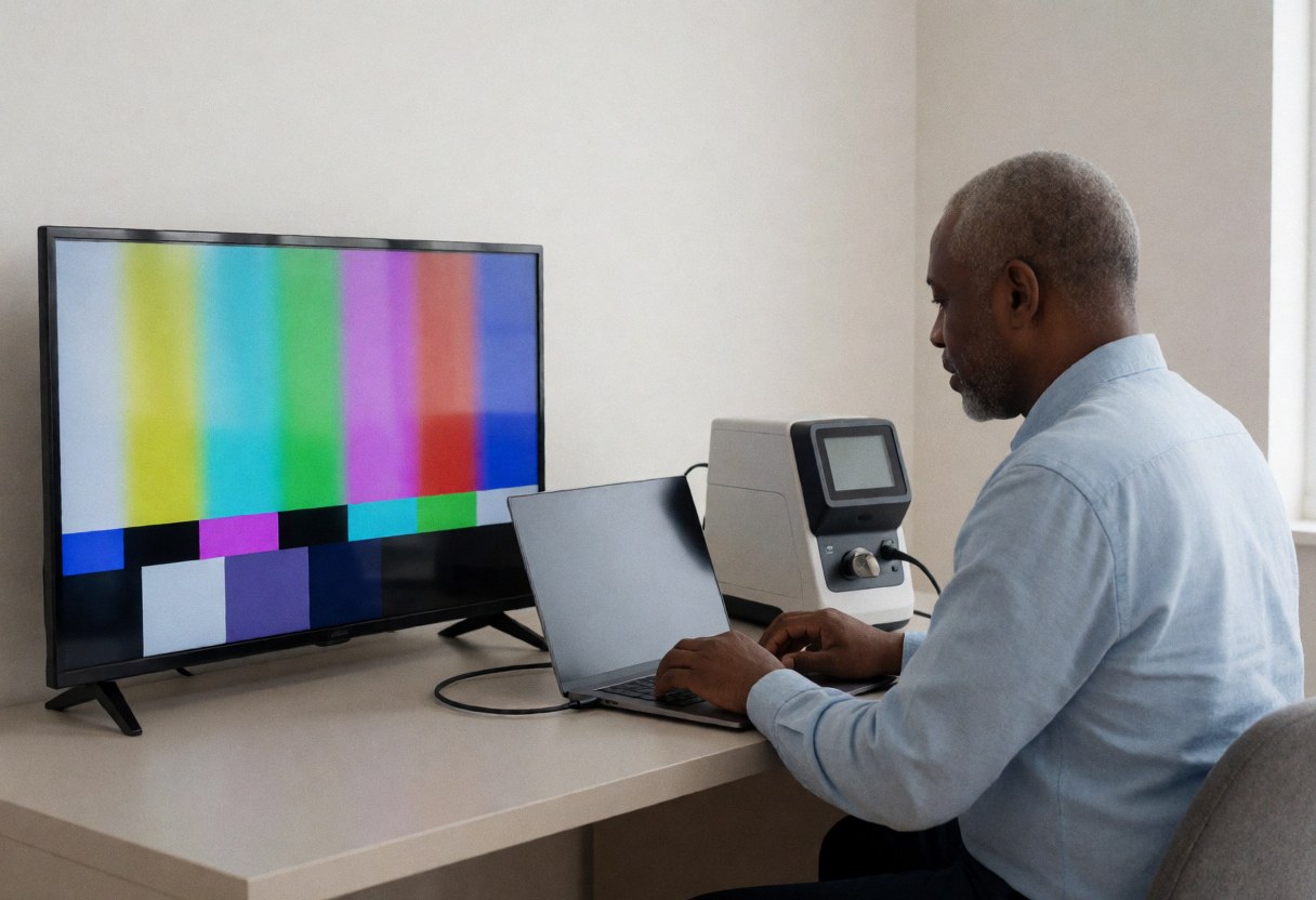 A professional technician uses a colorimeter connected to a laptop to calibrate the color settings of a television screen in a clean workspace.