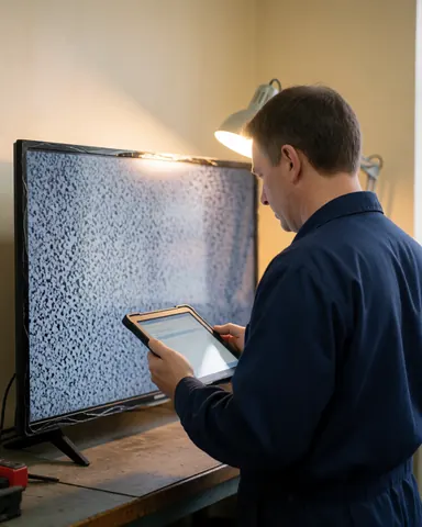 Technician in blue uniform checking a television with a damaged screen and signal noise using a tablet in a workshop with beige walls and warm light
