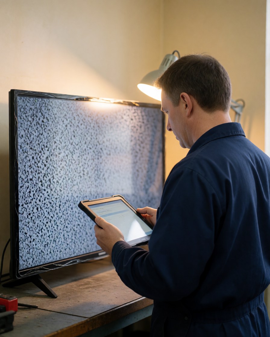 Technician in blue uniform checking a television with a damaged screen and signal noise using a tablet in a workshop with beige walls and warm light