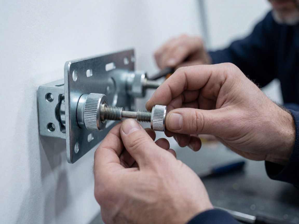 Close-up of technician hands tightening a screw on a wall-mounted VESA bracket with blurred workshop tools in background
