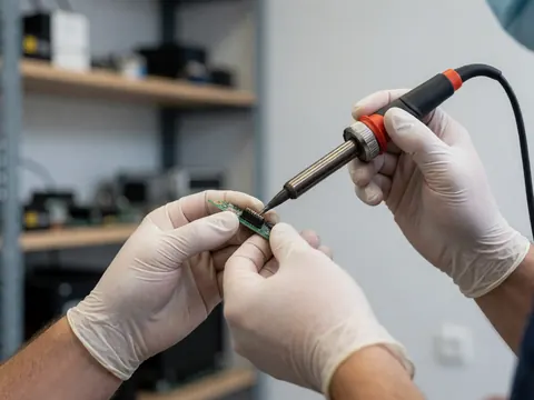 Gloved hands soldering a small electronic component on a printed circuit board with tools and shelves in the background of an electronics repair workshop
