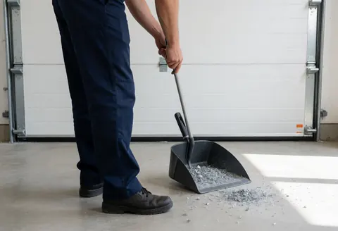 Technician using a shovel and black bucket to collect metal shavings in front of a freshly painted white garage door under natural light
