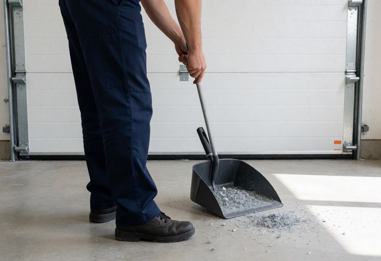 Technician using a shovel and black bucket to collect metal shavings in front of a freshly painted white garage door under natural light