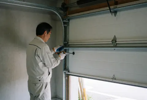 Technician in uniform adjusts a white garage door hinge with a tool in a concrete garage with natural light.