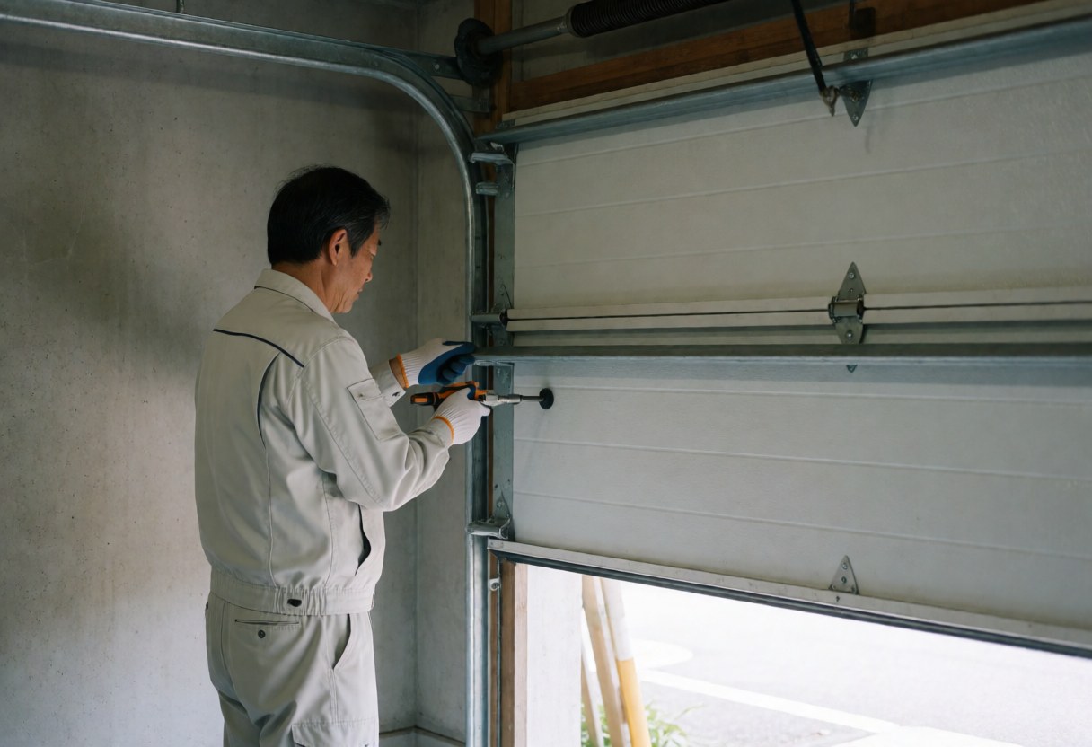 Technician in uniform adjusts a white garage door hinge with a tool in a concrete garage with natural light.