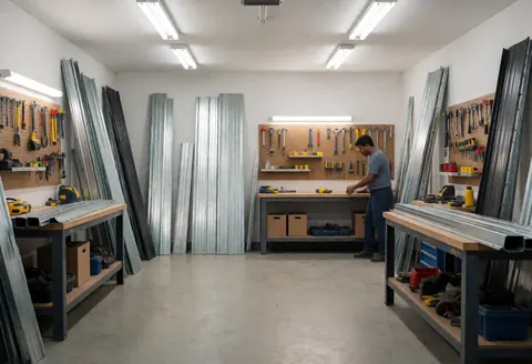 Industrial garage door assembly workshop featuring metal panels, hanging tools, and a worker at a workbench.