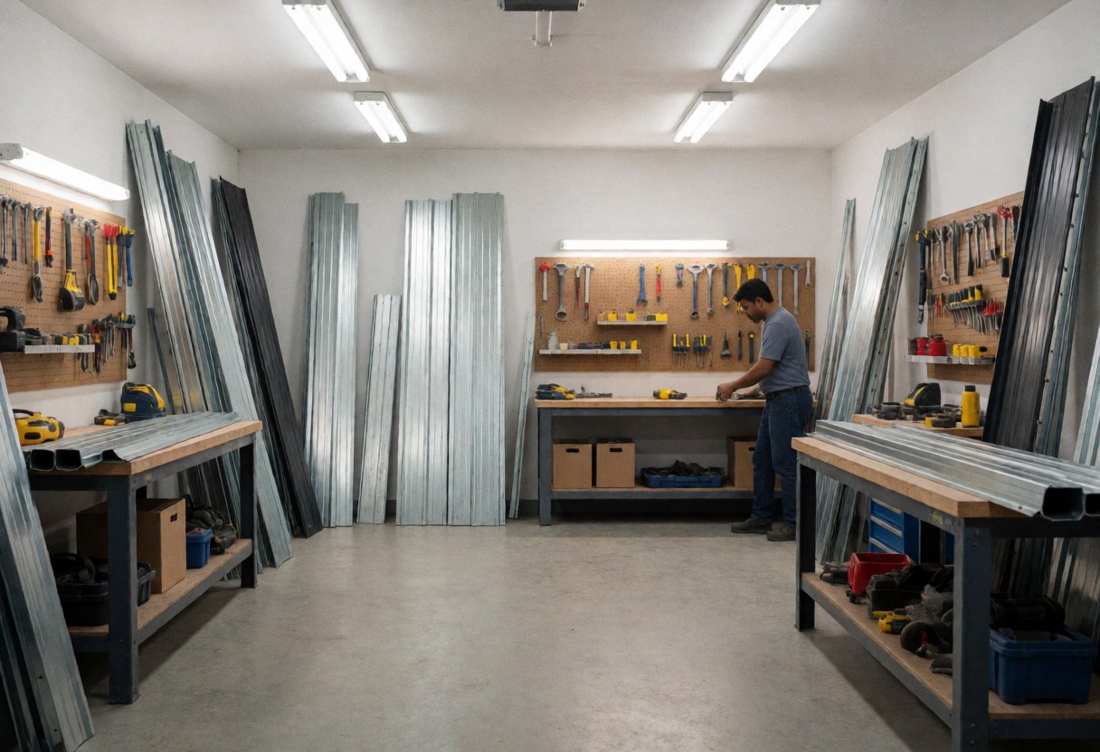 Industrial garage door assembly workshop featuring metal panels, hanging tools, and a worker at a workbench.