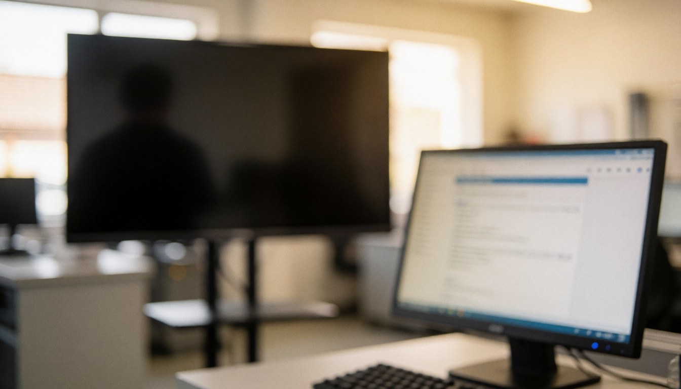 Blurred workshop background featuring a large television and computer, offering a warm neutral space ideal for text overlays.