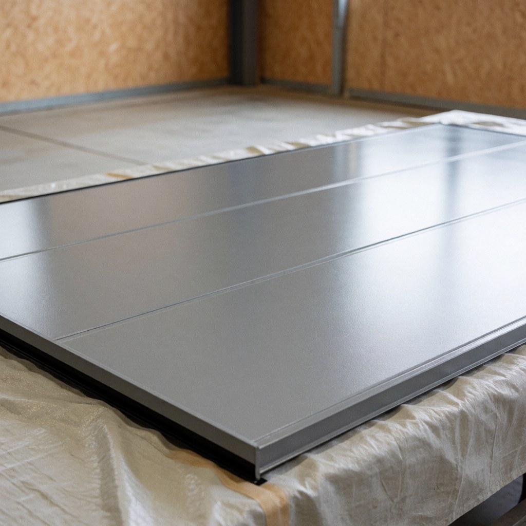 Modern matte gray aluminum garage door resting on a tarp in an industrial workshop with wooden walls