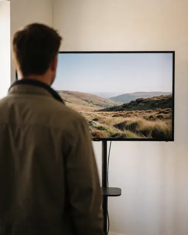 Back view of a satisfied customer watching a television displaying a restored natural landscape in a repair shop with warm lighting and white walls