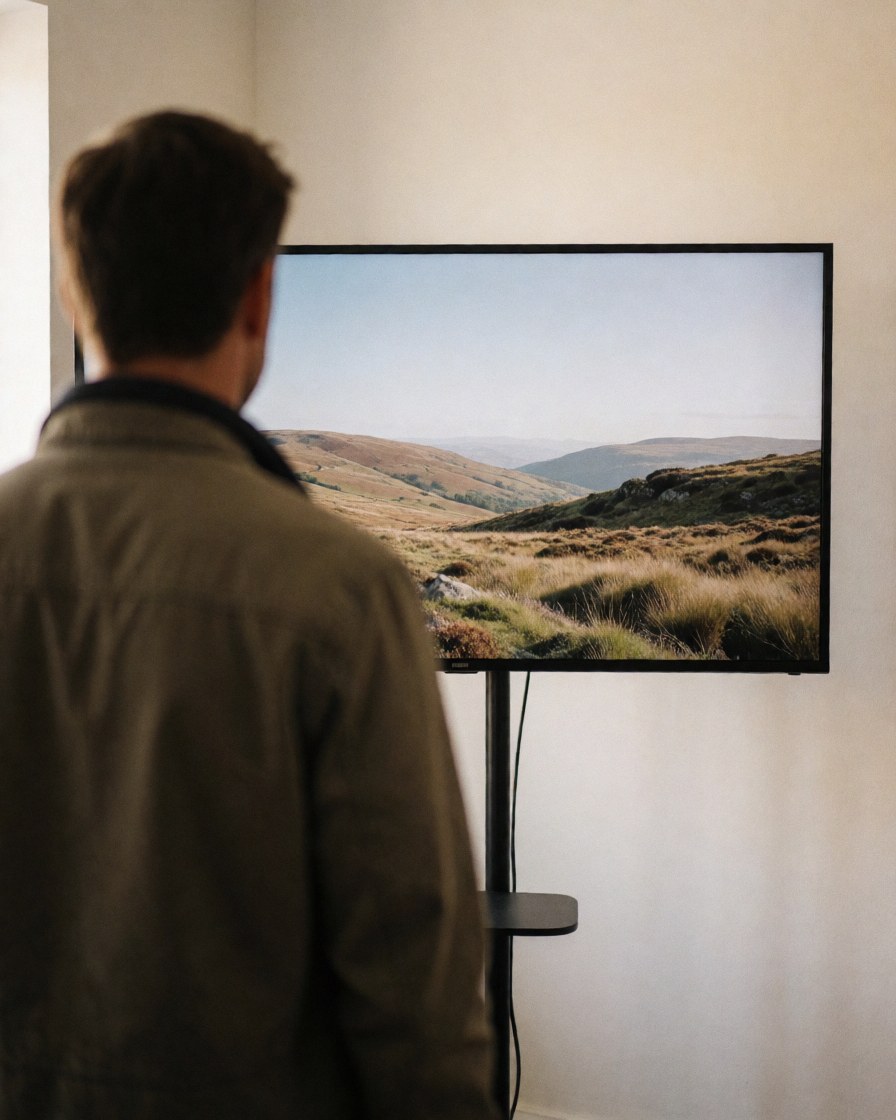 Back view of a satisfied customer watching a television displaying a restored natural landscape in a repair shop with warm lighting and white walls