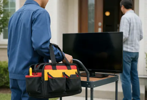 A technician stands with a rolling cart and tool case ready to service a television at a home entrance.