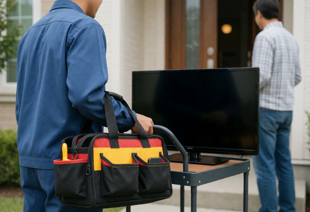 A technician stands with a rolling cart and tool case ready to service a television at a home entrance.