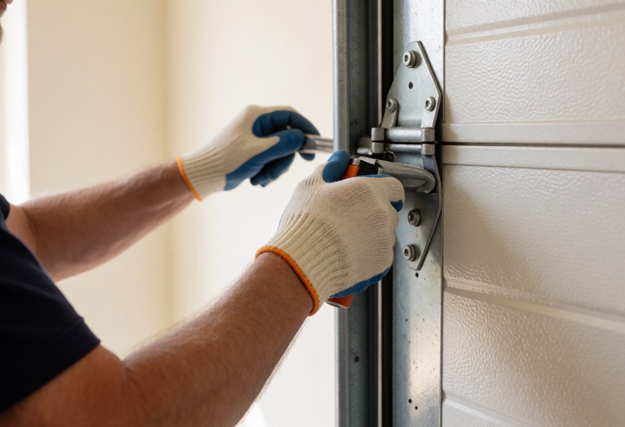 A technician wearing gloves uses a wrench to adjust a metal hinge on a white garage door against a warm white wall.